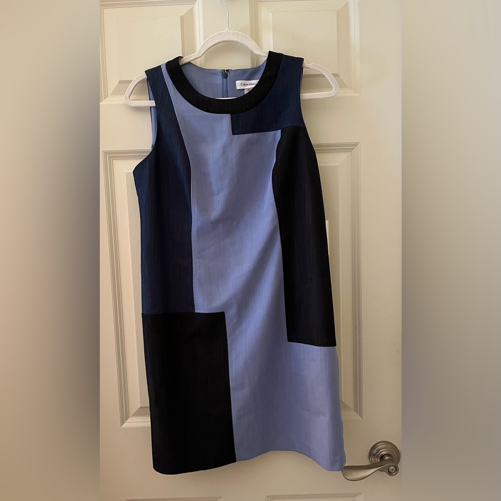 NWT Calvin Klein Black Blue Colorblock sleeveless mod sheath dress stretch 10P